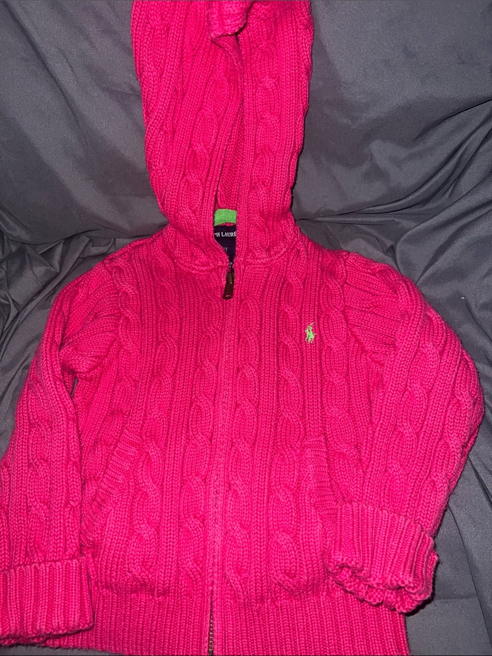 Ralph Lauren Hot Pink Cable-Knit Hooded Zip Jacket